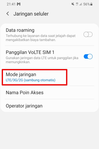 Mode Jaringan Samsung A21s