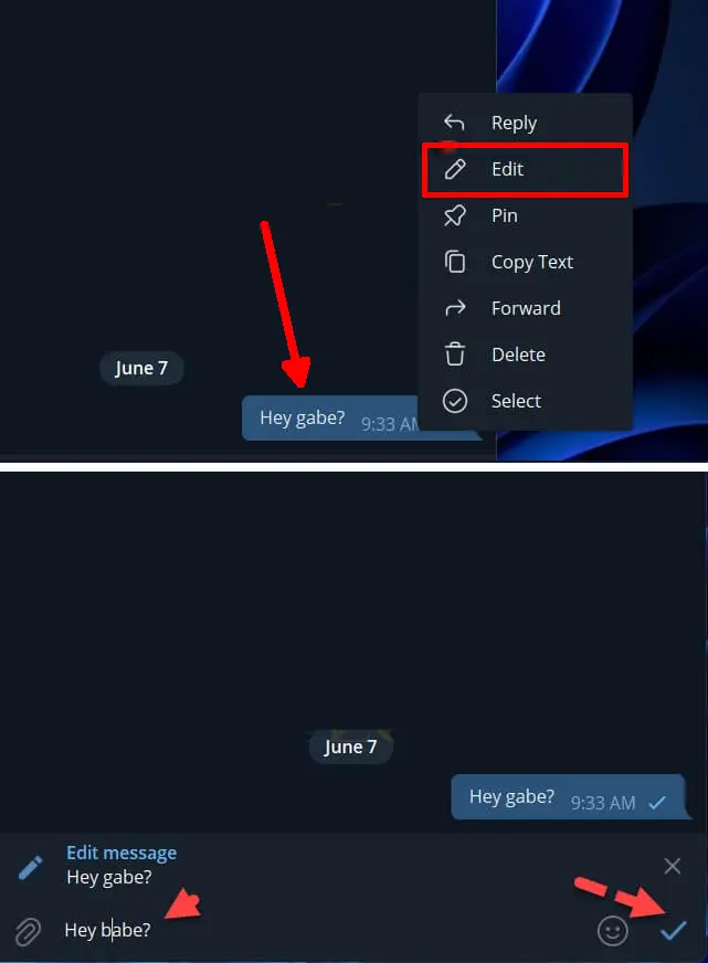 mengedit pesan Telegram di aplikasi Desktop