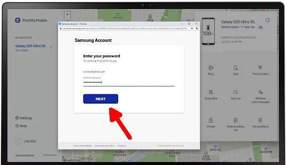 Tombol Next Samsung Find My Mobile
