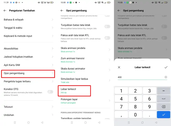 Mengubah DPI di Opsi Pengembang Oppo
